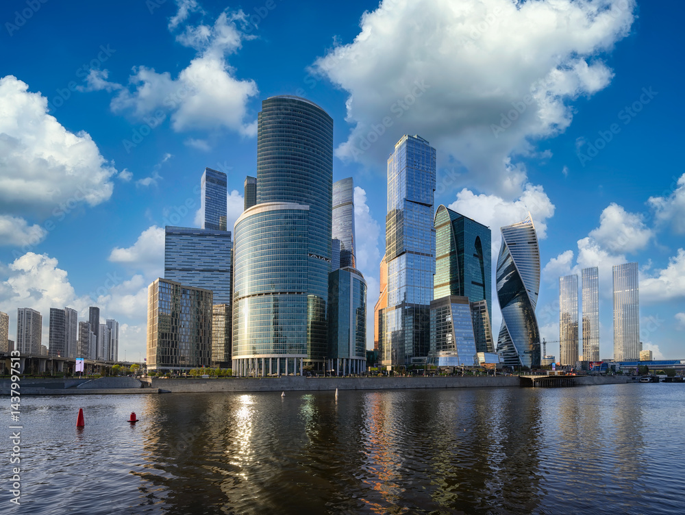 Skyscrapers of Moscow City business center and Moscow river in Moscow, Russia. Landmark and architecture.