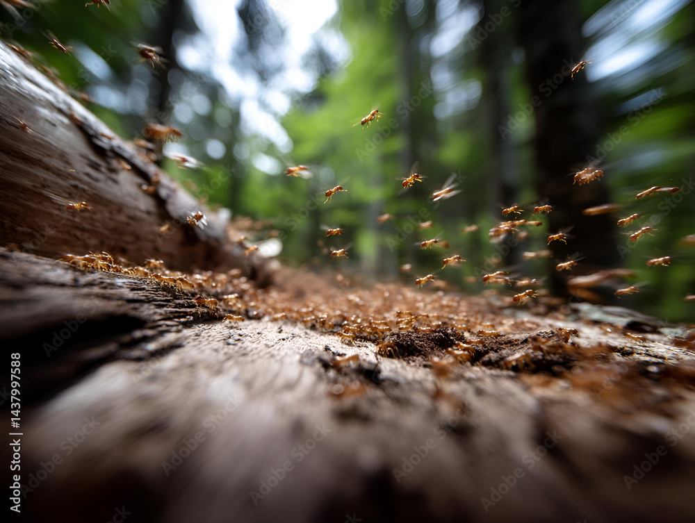 Fototapeta premium Termites swarming near a fallen tree, moving rapidly in a coordinated manner. The camera captures the swarm in sharp focus, contrasting with the blurred forest floor.