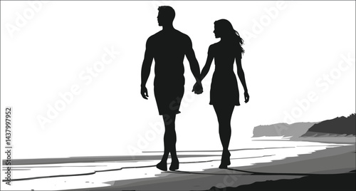 Romantic Couple Silhouette Walking On The Beach Holding Hands Illustration