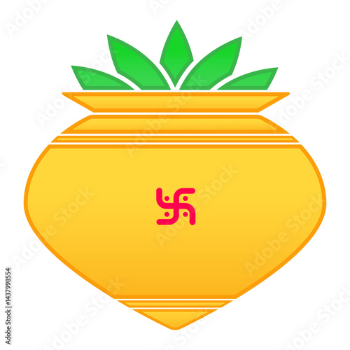 Golden gradient kumbha illustration with green mango leaves design and prosperous red swastika symbol denoting positivity, wealth and good charms in Indian and Hindu traditions vector eps10 icon.