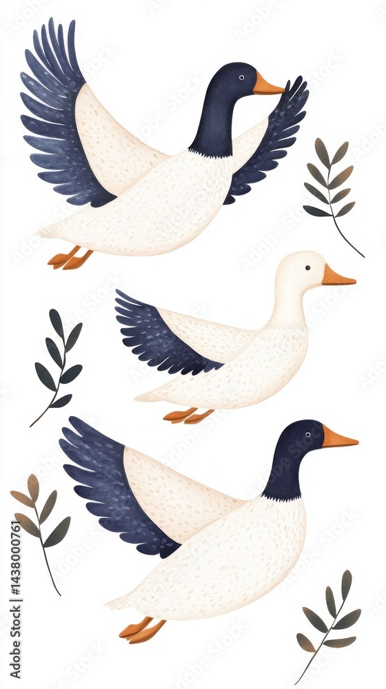 Fototapeta premium A watercolor painting collection showcases three wild geese in flight forming a V-shape formation against a clean white background with delicate leaf sprigs.