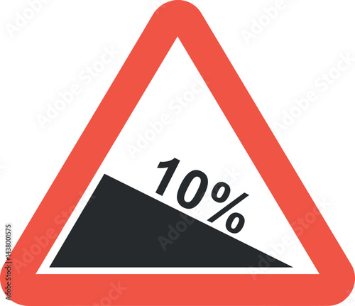 steep downhill 10 percent road warning traffic sign with red triangle border on white background