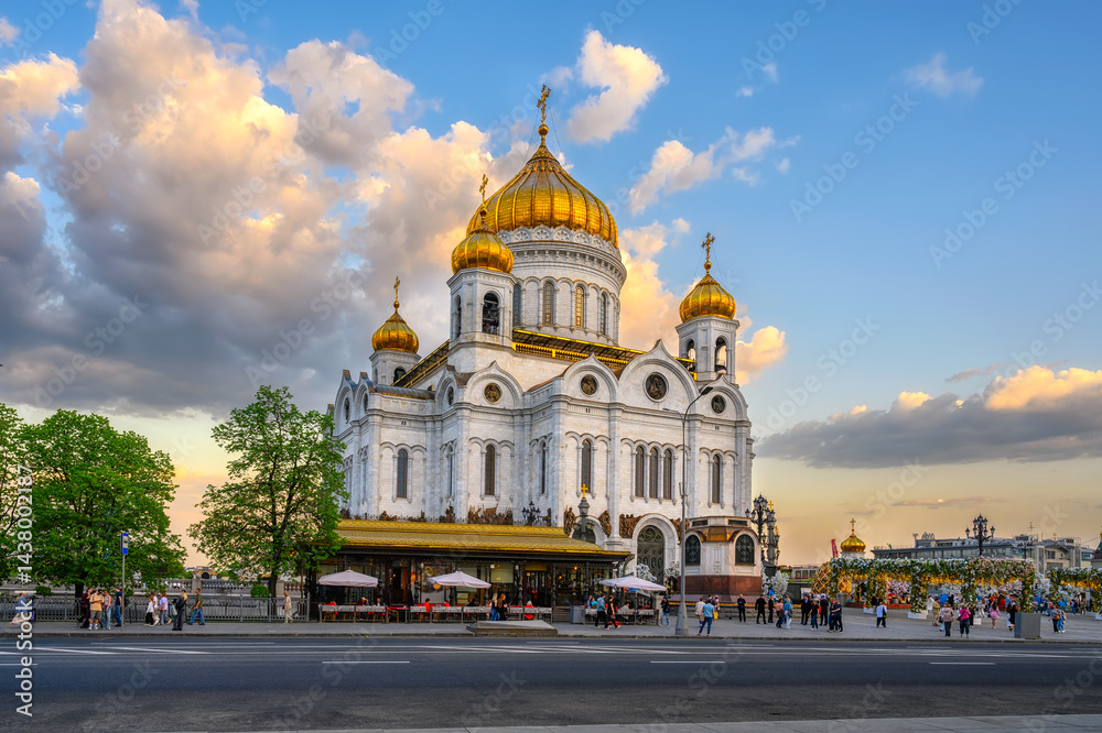 Sunset view of Cathedral of Christ the Savior in Moscow, Russia. Architecture and landmarks of Moscow. Postcard of Moscow
