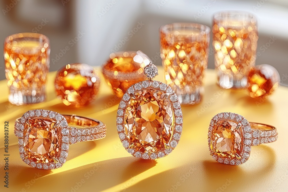 Fototapeta premium Elegant amber gemstone rings and glasses