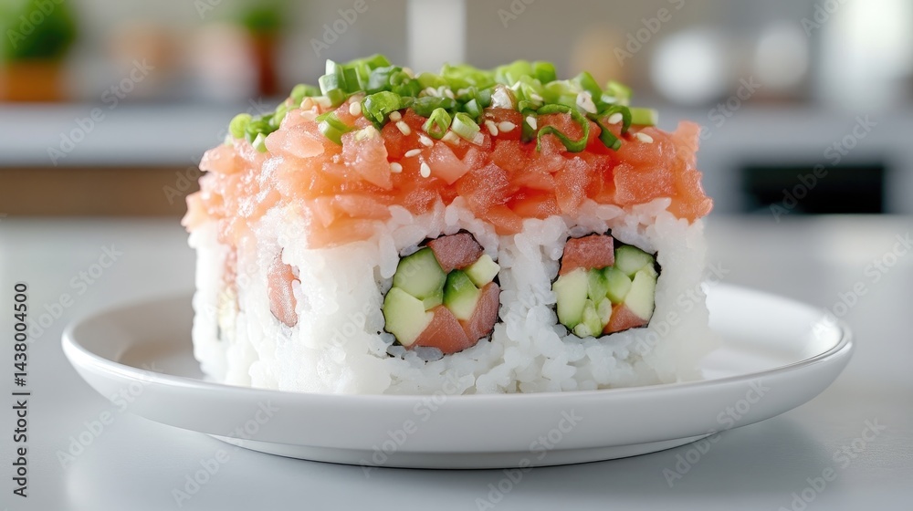 Fresh, layered sushi roll, showcasing vibrant colors and textures. A culinary delight, perfect for a healthy meal Fresh, layered sushi roll, showcasing vibrant colors and textures. A culinary delight, perfect for a healthy meal