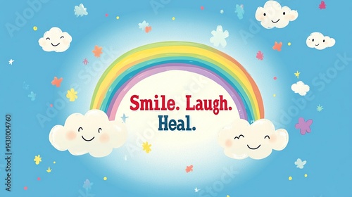 Flat design poster Smile. Laugh. Heal. with a rainbow and clouds - inspirational tone.