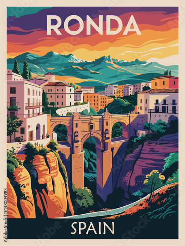 Ronda, Spain travel destination poster in retro style. Colorful cityscape vector vintage art illustration