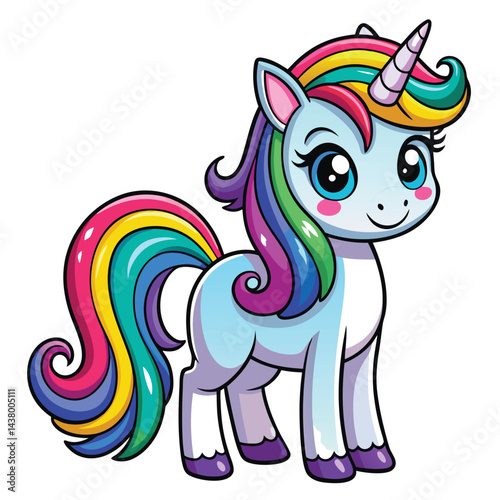 Cute Unicorn hand draw Cartoon vector with rainbow mane and tail. Beautiful Unicorn Cartoon Vector on Background.