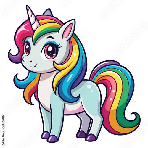 Cute Unicorn hand draw Cartoon vector with rainbow mane and tail. Beautiful Unicorn Cartoon Vector on Background.