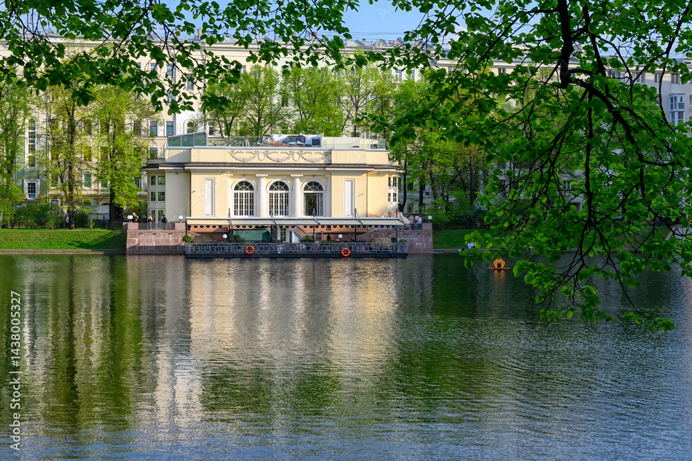 Patriarch's Ponds in center of Moscow, Russia. Cozy cityscape in Moscow. Architecture and landmarks of Moscow.