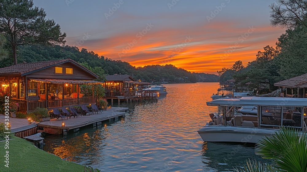Fototapeta premium Lakeside cabins at sunset
