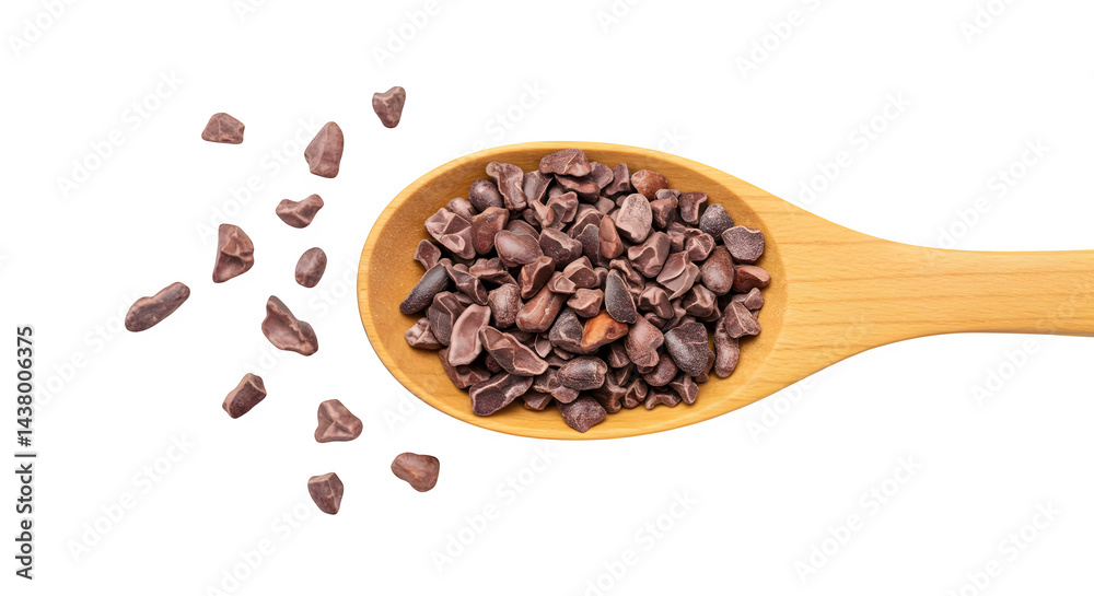 Wooden spoon filled with cacao nibs and some nibs scattered on a black background view from above transparent background, white background. isolated on transparent background, png, jpeg, jpg, Wooden spoon filled with cacao nibs and some nibs scattered on a black background view from above transparent background, white background. isolated on transparent background, png, jpeg, jpg,