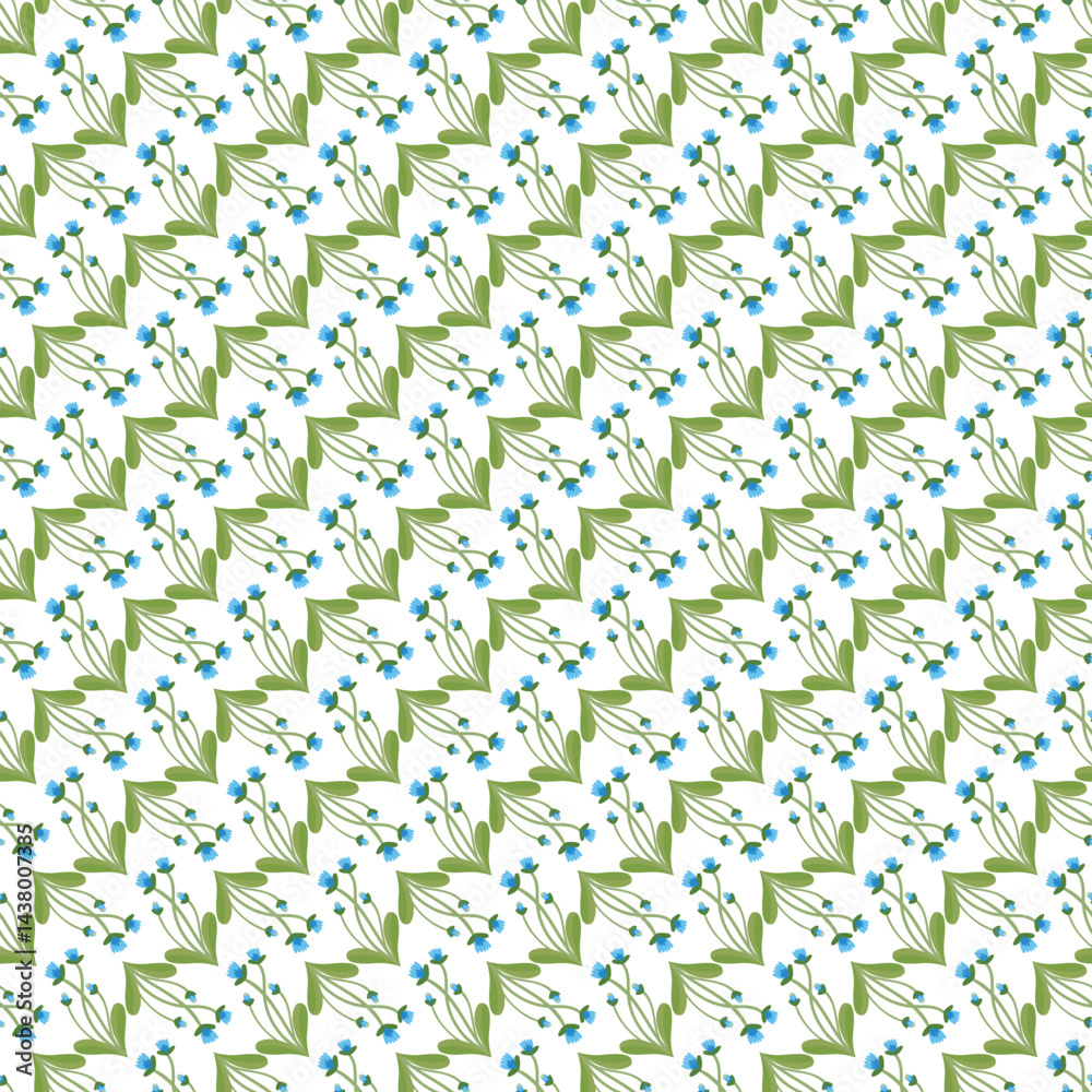 Fototapeta premium Seamless Pattern of Small Blue Flowers with Green Leaves on White Background