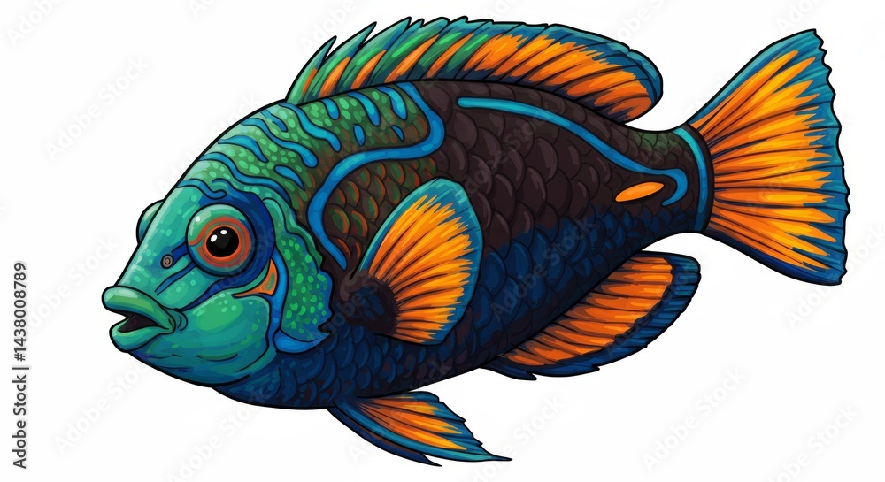 Fototapeta premium Illustration of a colorful tropical fish with orange fins and blue and green scales on a white background
