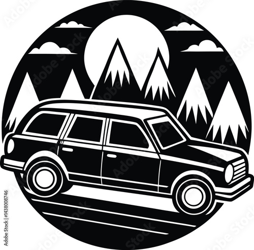 Road Trip Car Silhouette White Background