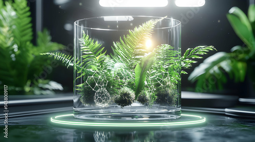 Wallpaper Mural Futuristic terrarium displaying vibrant ferns moss and geometric patterns. Ideal for showcasing sustainable design concepts or creating a bio-integrated aesthetic in digital art. Torontodigital.ca