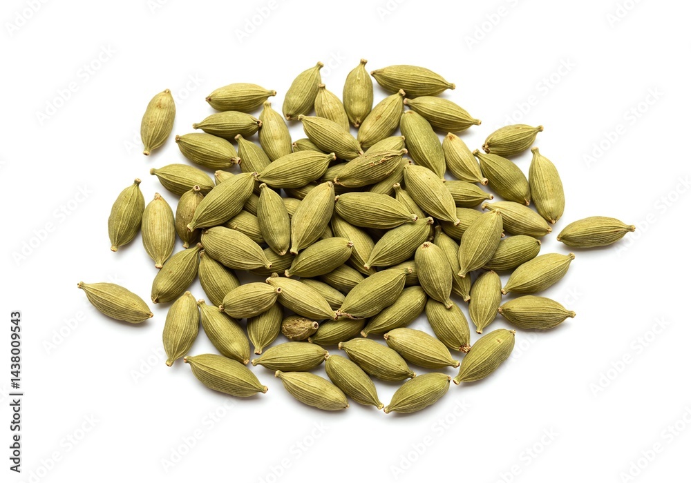 Pile of green cardamom pods, aromatic spice ingredient isolated on white background Pile of green cardamom pods, aromatic spice ingredient isolated on white background