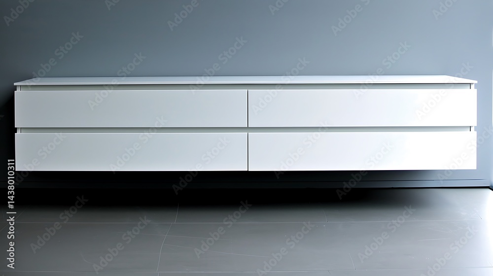 Sleek white floating cabinet against a grey wall in a modern setting