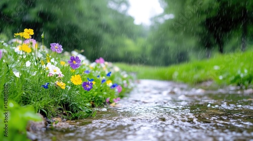 A gentle stream flows through a vibrant flower bed during a summer rain