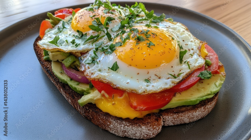 Delicious avocado toast with sunny side eggs, herbs, and vibrant veggies on ceramic plate with natural lighting Delicious avocado toast with sunny side eggs, herbs, and vibrant veggies on ceramic plate with natural lighting