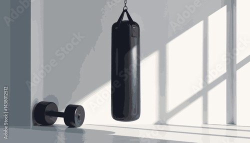 Sleek black punching bag in minimalist gym ambiance, fitness motivation