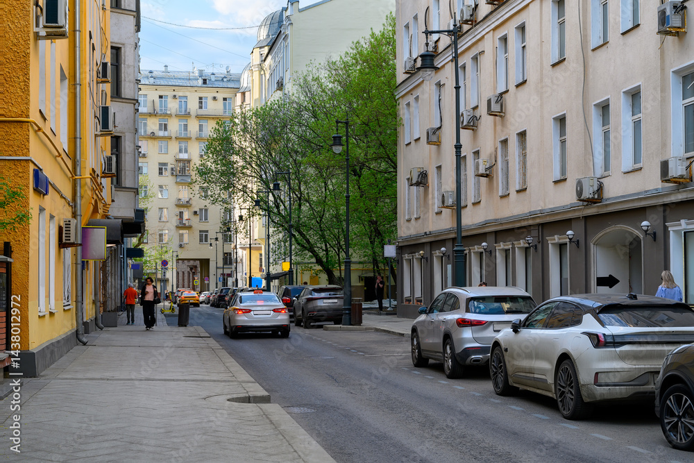 Cozy street in center of Moscow, Russia. Cityscape in Moscow. Architecture and landmarks of Moscow.