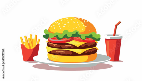 Stylized fast food burger on white plate, vibrant meal appeal