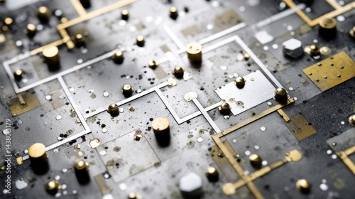 Detailed macro shot highlights the complex network of conductive pathways on a silicon wafer, demonstrating advanced microelectronics and technology design