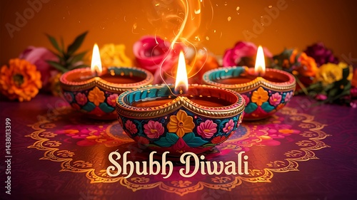 Elegant Shubh Diwali Greeting with Traditional Lit Diyas and Floral Decor