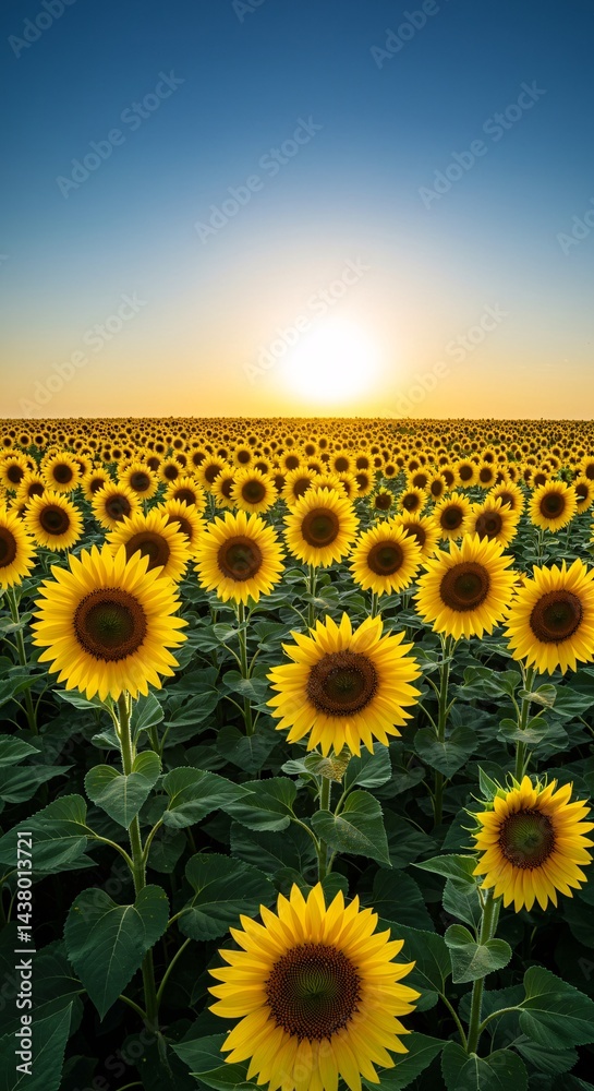 Fototapeta premium A field of sunflowers stretching to the horizon under a bright blue sky at golden hour light