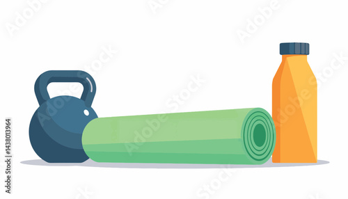 Minimalist workout equipment showcasing kettlebell, yoga mat, water bottle