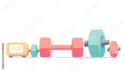 Pastel geometric dumbbells lined up for morning workout, fitness motivation