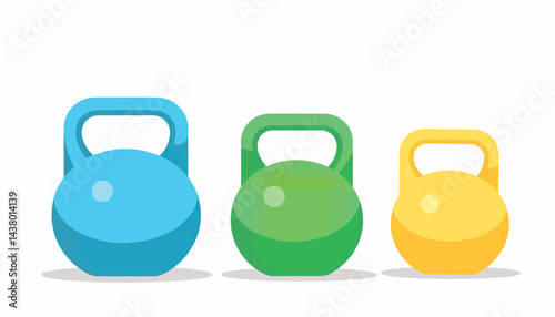 Colorful kettlebell set arranged on white background, fitness equipment