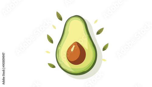 Stylized avocado half with pit on white background, healthy lifestyle
