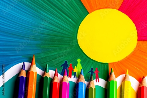 A group of colored pencils with a group of people standing in front of a sun