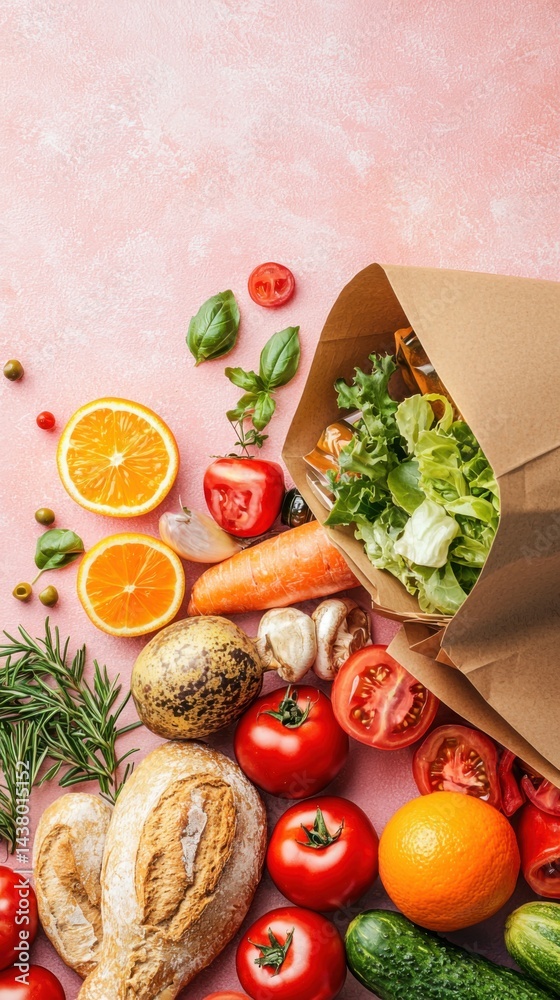 Fresh healthy vegetables and fruits including tomatoes lemon carrot cucumber garlic onion herbs and salad in paper bag on pink background Fresh healthy vegetables and fruits including tomatoes lemon carrot cucumber garlic onion herbs and salad in paper bag on pink background