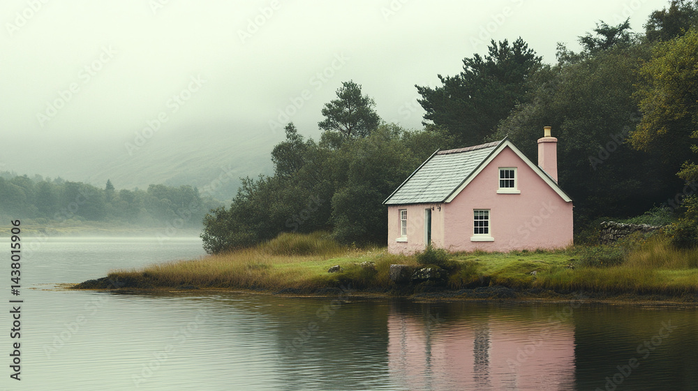 Obraz premium charming soft pink cottage by serene Loch Glass shore, surrounded by lush greenery