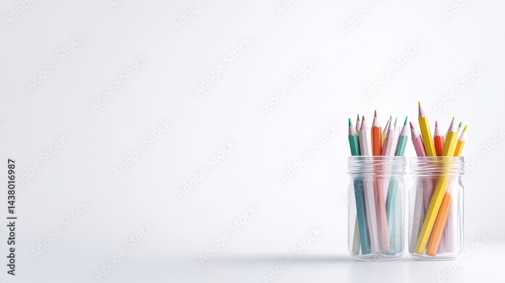 Fototapeta premium Colored Pencils in Jars Minimalist Design Bright Lighting Wide Shot Organized Storage Creative Art Supplies White Background Pastel Hues Perfect for Stationery Ads