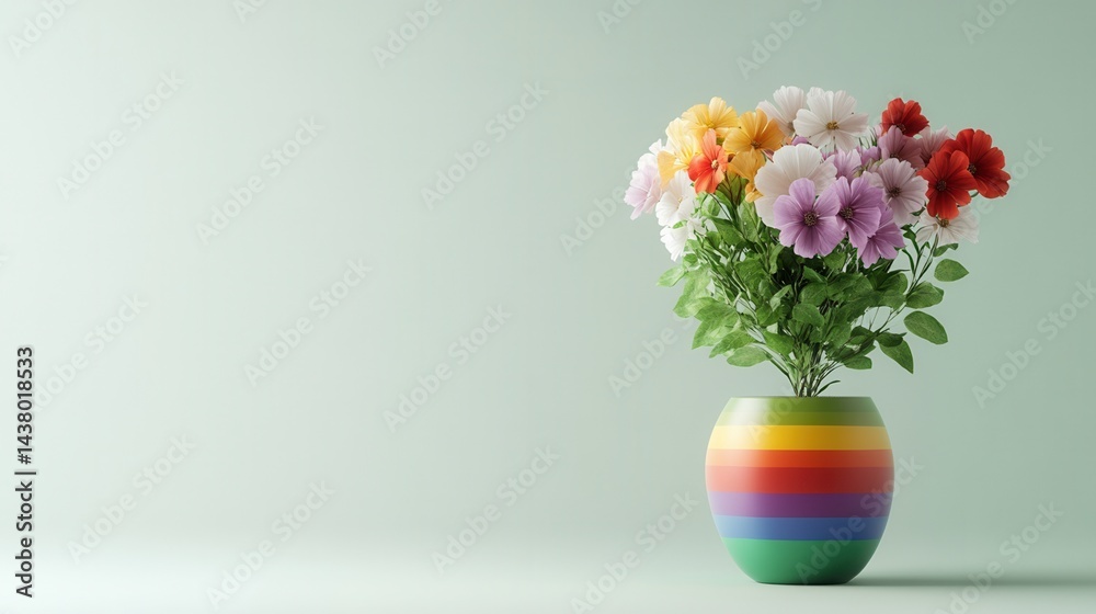 Naklejka premium pride month, lgbt, gay, lesbian concept. Colorful flowers in a striped vase against a soft green background.