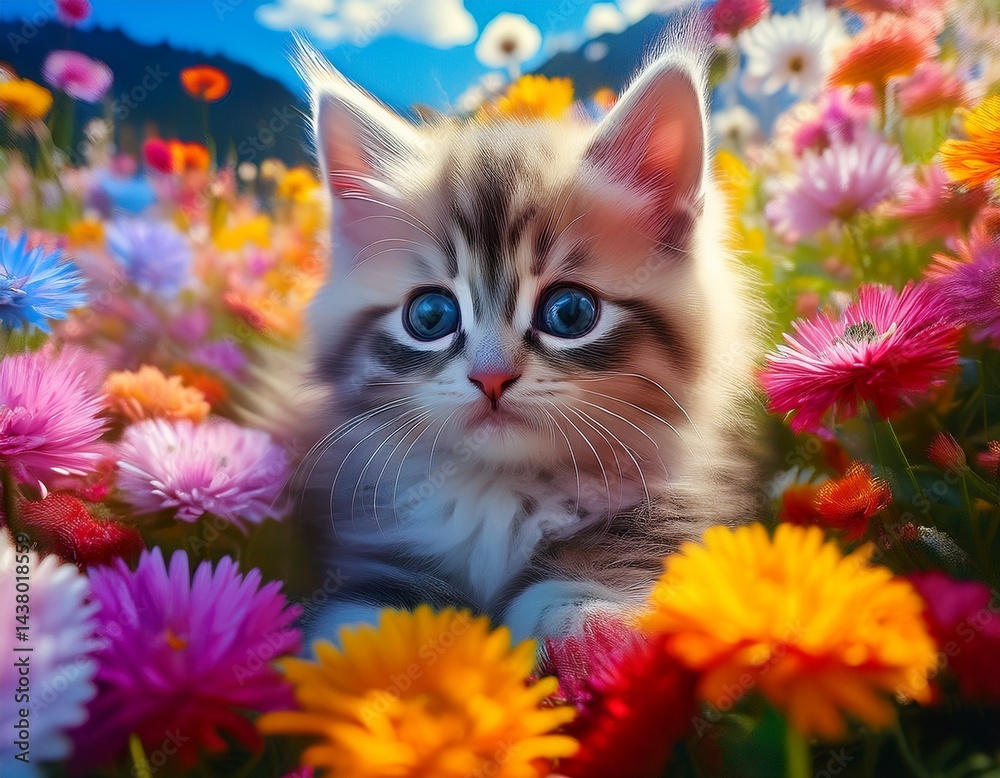 Fototapeta Katzenbaby im Blumenmeer