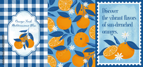 Oranges Poster in Mediterranean style. Flat style Vector illustration of citrus, cut fruits, traditional pattern