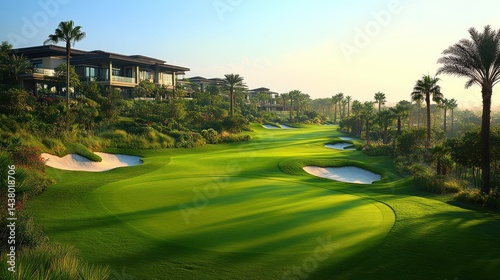 Lush golf course with modern homes