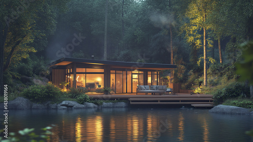 modern riverfront house with large windows and cozy deck, surrounded by nature beauty