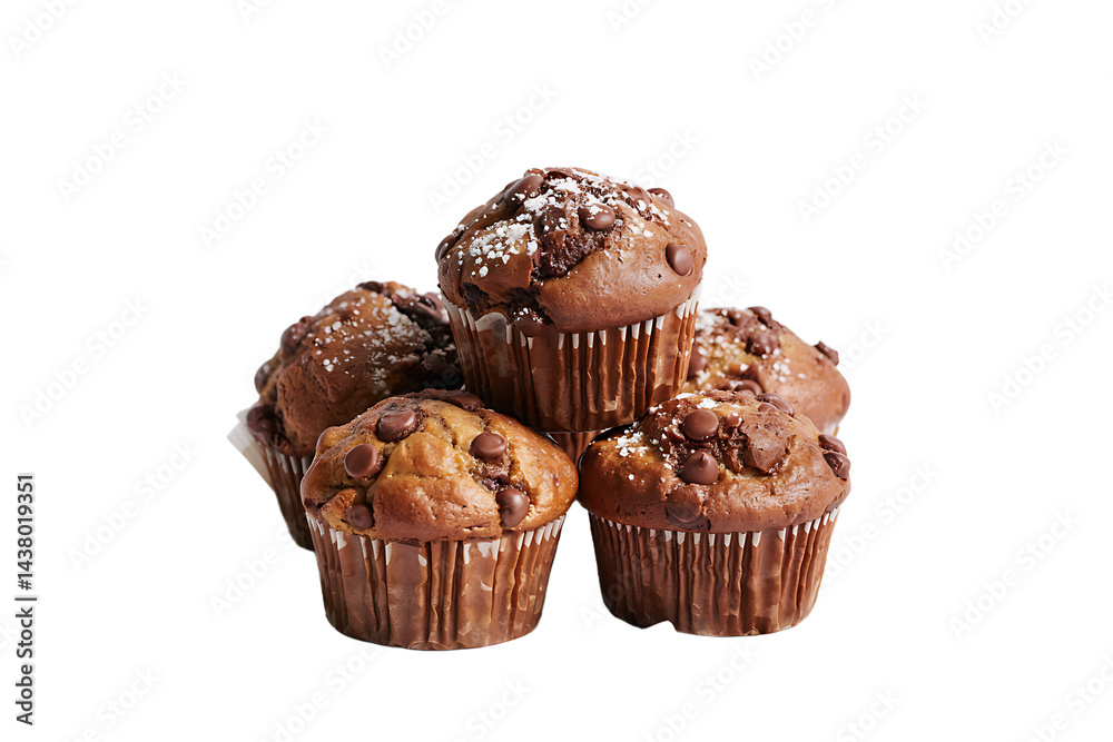 Delicious Chocolate Chip Muffins with Powdered Sugar on transparent transparent Delicious Chocolate Chip Muffins with Powdered Sugar on transparent transparent
