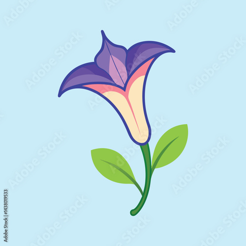 A stylized illustration of a vibrant purple and cream colored trumpet flower