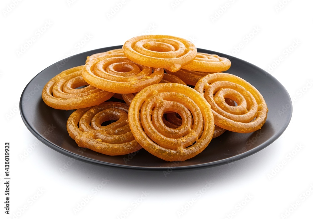 Fototapeta premium Pile of golden jalebi sweets on a dark plate isolated on white background
