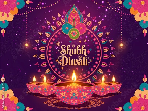 Shubh Diwali Celebration with Glowing Diyas and Colorful Rangoli Design .