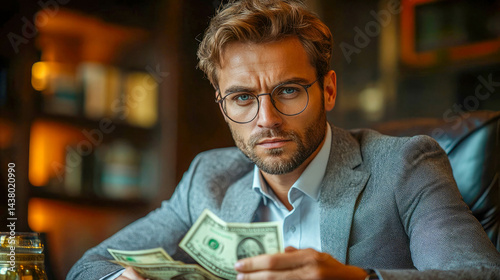 A confident man in a gray suit counts money in a luxurious office setting, conveying wealth and determination photo