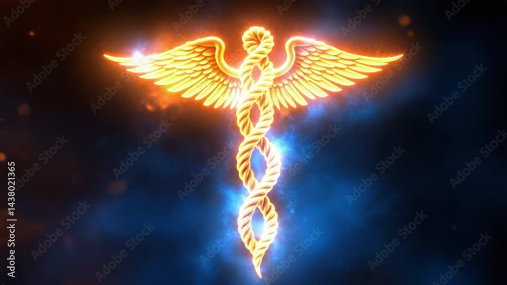 A golden caduceus, symbol of medicine, radiates with an ethereal glow against a backdrop of celestial ambiance. the image evokes a sense of hope, health.