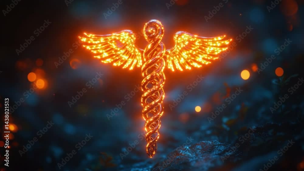 Caduceus Symbol Emblazoned in Light: An eye-catching luminous Caduceus symbol shines brightly against a mysterious dark background, symbolizing health, healing.
